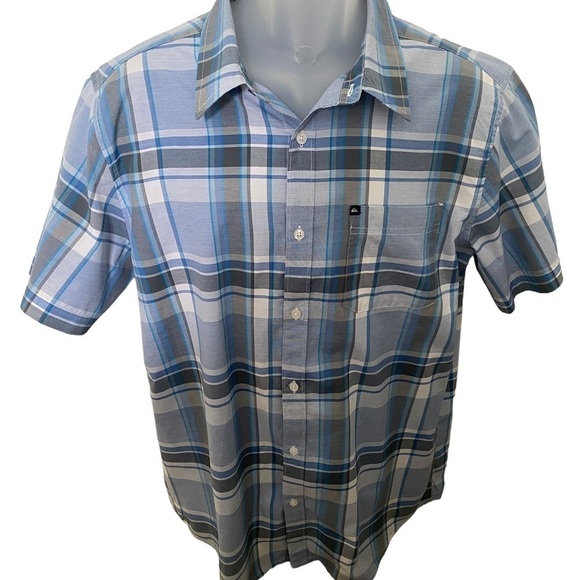 QUIKSILVER Blue & Gray Plaid Short Sleeve Button Up Shirt Men L Large - Picture 1 of 8